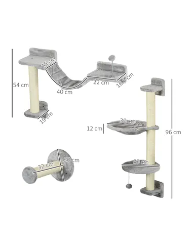 PawHut Four-Piece Cat Wall Furniture with Hammock, Perches, Ladder, Scratching Post, Grey