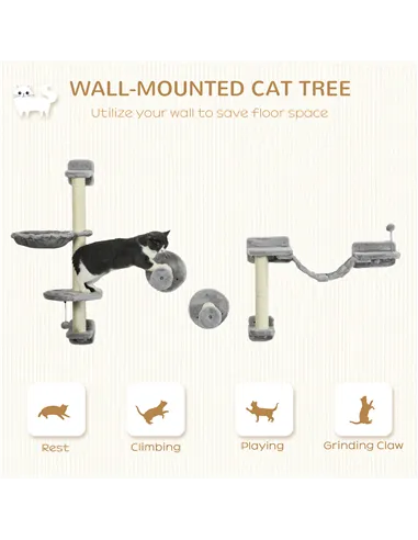 PawHut Four-Piece Cat Wall Furniture with Hammock, Perches, Ladder, Scratching Post, Grey