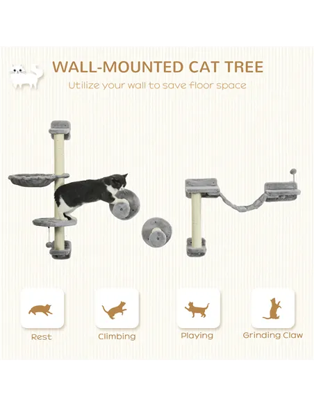 PawHut Four-Piece Cat Wall Furniture with Hammock, Perches, Ladder, Scratching Post, Grey