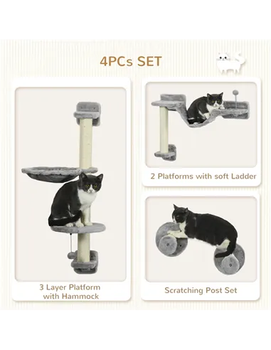 PawHut Four-Piece Cat Wall Furniture with Hammock, Perches, Ladder, Scratching Post, Grey