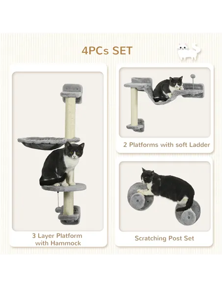 PawHut Four-Piece Cat Wall Furniture with Hammock, Perches, Ladder, Scratching Post, Grey