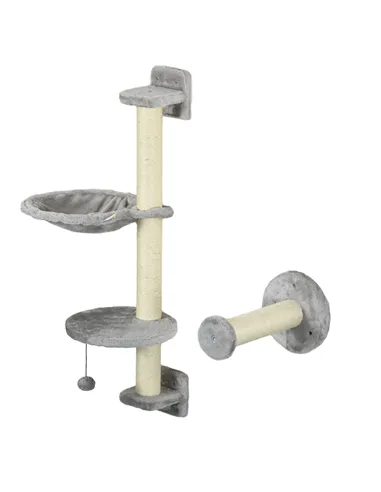 PawHut Four-Piece Cat Wall Furniture with Hammock, Perches, Ladder, Scratching Post, Grey