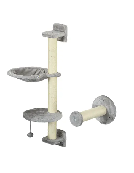 PawHut Four-Piece Cat Wall Furniture with Hammock, Perches, Ladder, Scratching Post, Grey