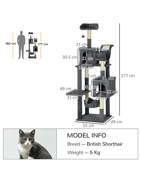 PawHut 177cm Cat Tree with Scratching Post, Hammock, Cat House - Dark Grey