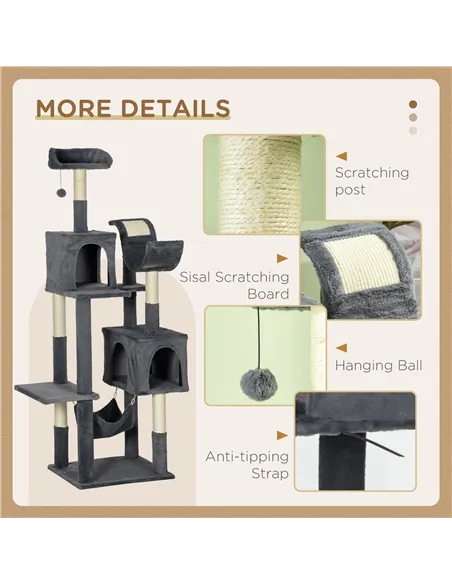 PawHut 177cm Cat Tree with Scratching Post, Hammock, Cat House - Dark Grey