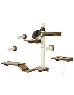 PawHut 8Pcs Wall Mounted Cat Tree with Scratching Posts, Perches, Ladder, for Sleeping, Playing, Lounging - Brown