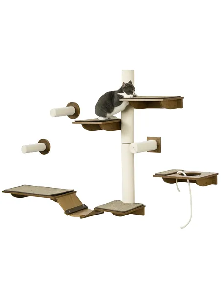 PawHut 8Pcs Wall Mounted Cat Tree with Scratching Posts, Perches, Ladder, for Sleeping, Playing, Lounging - Brown