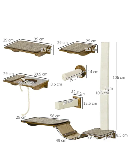 PawHut 8Pcs Wall Mounted Cat Tree with Scratching Posts, Perches, Ladder, for Sleeping, Playing, Lounging - Brown