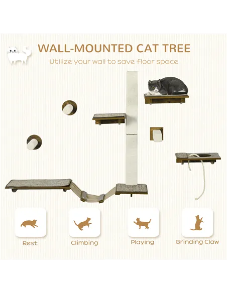 PawHut 8Pcs Wall Mounted Cat Tree with Scratching Posts, Perches, Ladder, for Sleeping, Playing, Lounging - Brown
