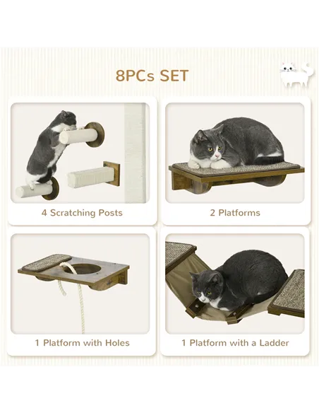 PawHut 8Pcs Wall Mounted Cat Tree with Scratching Posts, Perches, Ladder, for Sleeping, Playing, Lounging - Brown