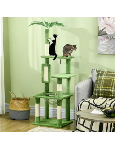 PawHut 142cm Cat Tree Tower, with Scratching Post, Hammock, Toy Ball, Platforms - Green