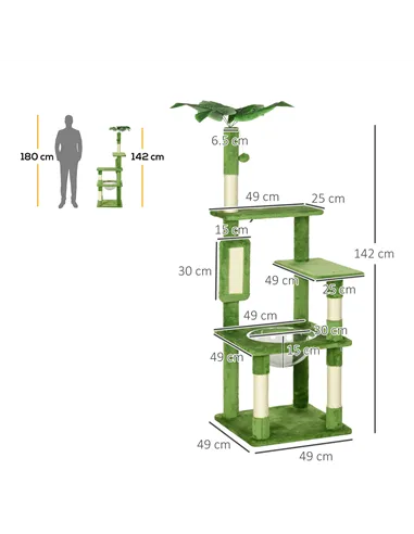 PawHut 142cm Cat Tree Tower, with Scratching Post, Hammock, Toy Ball, Platforms - Green