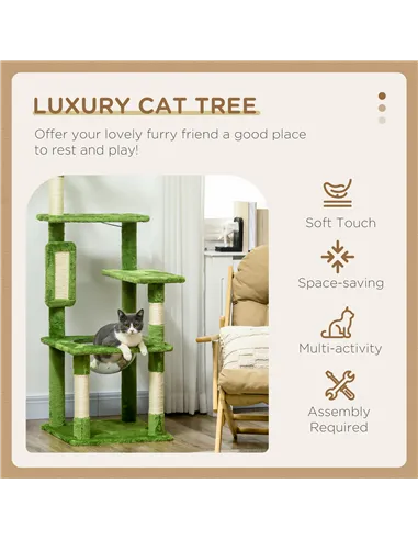 PawHut 142cm Cat Tree Tower, with Scratching Post, Hammock, Toy Ball, Platforms - Green