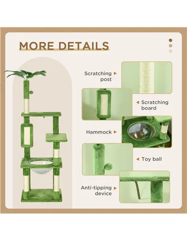 PawHut 142cm Cat Tree Tower, with Scratching Post, Hammock, Toy Ball, Platforms - Green