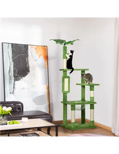 PawHut 142cm Cat Tree Tower, with Scratching Post, Hammock, Toy Ball, Platforms - Green