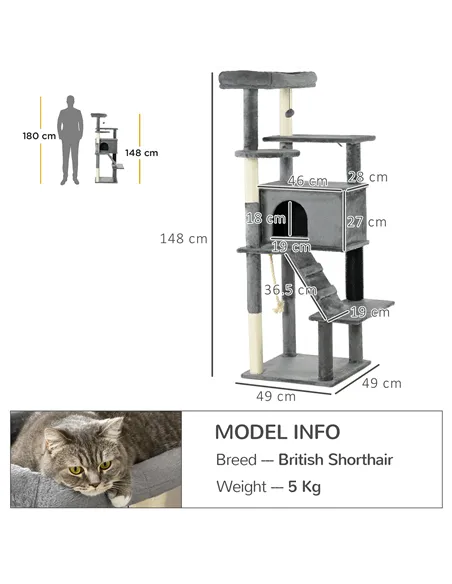 PawHut Cat Tree Tower for Indoor Cats, with Scratching Post, Cat House, Toy, Grey
