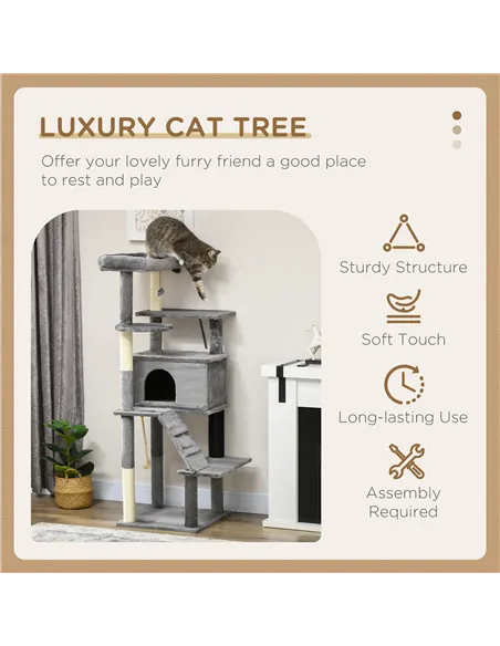 PawHut Cat Tree Tower for Indoor Cats, with Scratching Post, Cat House, Toy, Grey