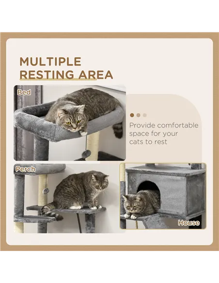 PawHut Cat Tree Tower for Indoor Cats, with Scratching Post, Cat House, Toy, Grey