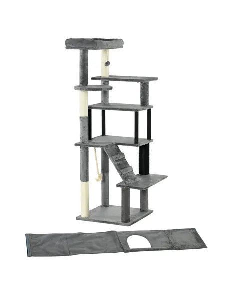 PawHut Cat Tree Tower for Indoor Cats, with Scratching Post, Cat House, Toy, Grey