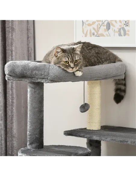 PawHut Cat Tree Tower for Indoor Cats, with Scratching Post, Cat House, Toy, Grey