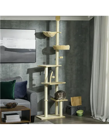 PawHut Floor to Ceiling Cat Tree for Indoor Cats, 6-Tier Play Tower Climbing Activity Center with Scratching Post, Platforms, Be