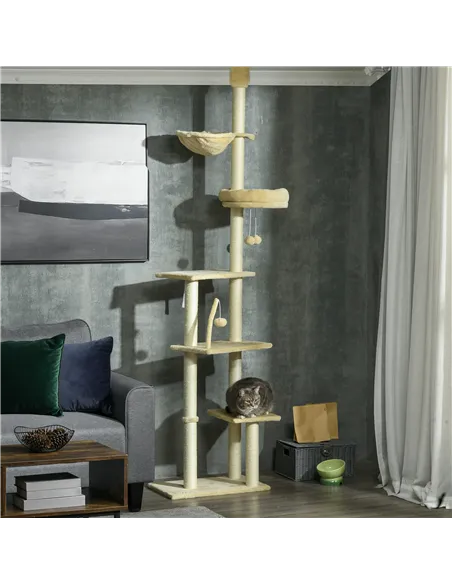 PawHut Floor to Ceiling Cat Tree for Indoor Cats, 6-Tier Play Tower Climbing Activity Center with Scratching Post, Platforms, Be