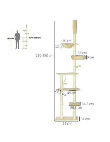 PawHut Floor to Ceiling Cat Tree for Indoor Cats, 6-Tier Play Tower Climbing Activity Center with Scratching Post, Platforms, Be