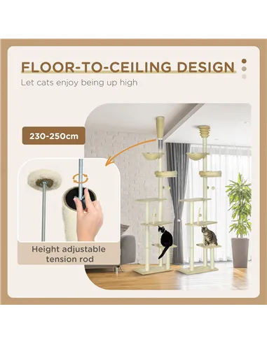 PawHut Floor to Ceiling Cat Tree for Indoor Cats, 6-Tier Play Tower Climbing Activity Center with Scratching Post, Platforms, Be