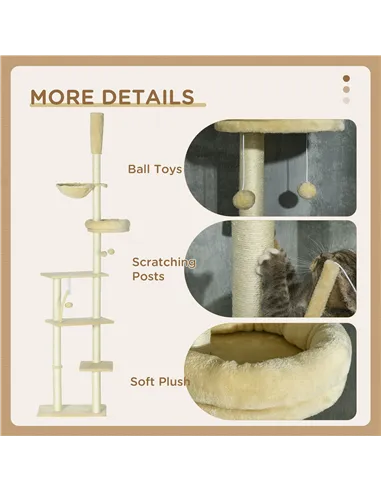 PawHut Floor to Ceiling Cat Tree for Indoor Cats, 6-Tier Play Tower Climbing Activity Center with Scratching Post, Platforms, Be
