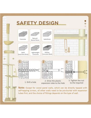 PawHut Floor to Ceiling Cat Tree for Indoor Cats, 6-Tier Play Tower Climbing Activity Center with Scratching Post, Platforms, Be