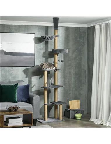 PawHut Floor to Ceiling Cat Tree for Indoor Cats, 6-Tier Play Tower Climbing Activity Center with Scratching Post, Platforms, Be