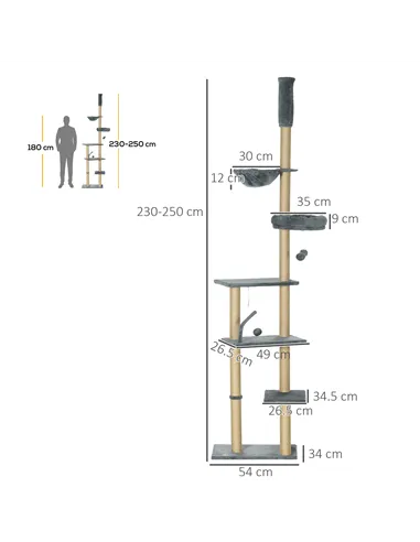 PawHut Floor to Ceiling Cat Tree for Indoor Cats, 6-Tier Play Tower Climbing Activity Center with Scratching Post, Platforms, Be