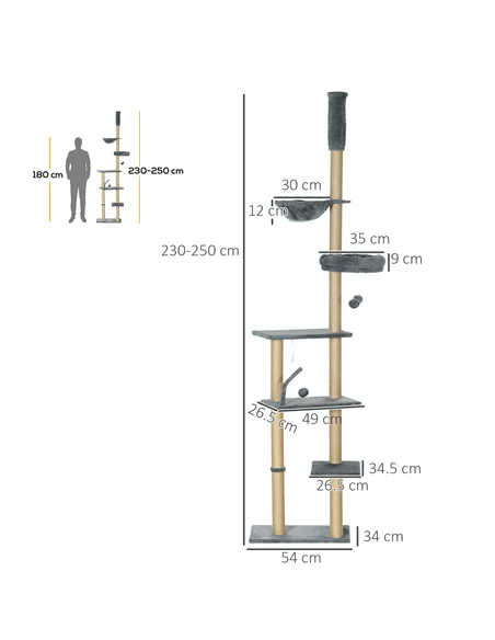 PawHut Floor to Ceiling Cat Tree for Indoor Cats, 6-Tier Play Tower Climbing Activity Center with Scratching Post, Platforms, Be
