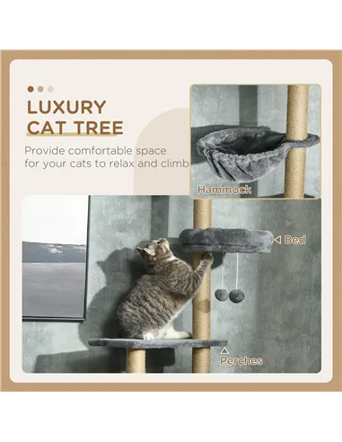 PawHut Floor to Ceiling Cat Tree for Indoor Cats, 6-Tier Play Tower Climbing Activity Center with Scratching Post, Platforms, Be