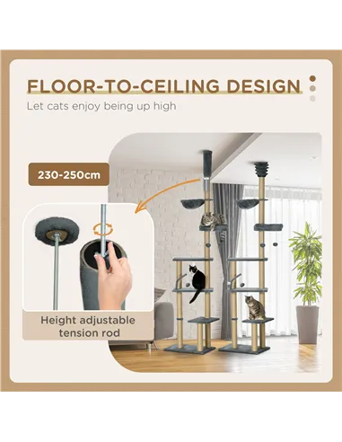 PawHut Floor to Ceiling Cat Tree for Indoor Cats, 6-Tier Play Tower Climbing Activity Center with Scratching Post, Platforms, Be