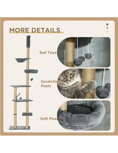 PawHut Floor to Ceiling Cat Tree for Indoor Cats, 6-Tier Play Tower Climbing Activity Center with Scratching Post, Platforms, Be