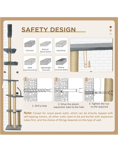 PawHut Floor to Ceiling Cat Tree for Indoor Cats, 6-Tier Play Tower Climbing Activity Center with Scratching Post, Platforms, Be