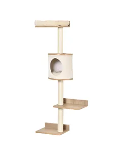 PawHut Wall-Mounted Cat Tree, with Cat House, Bed, Scratching Post - Beige