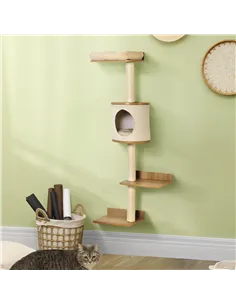 PawHut Wall-Mounted Cat Tree, with Cat House, Bed, Scratching Post - Beige 2