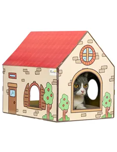 PawHut Two-In-One Cat House, Cat Scratching Board with Scratcher, Catnip, Cat Cardboard Scratcher for Indoor Cats