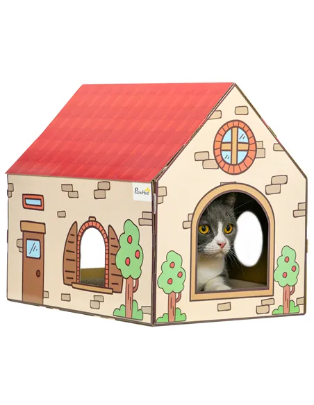 PawHut Two-In-One Cat House, Cat Scratching Board with Scratcher, Catnip, Cat Cardboard Scratcher for Indoor Cats