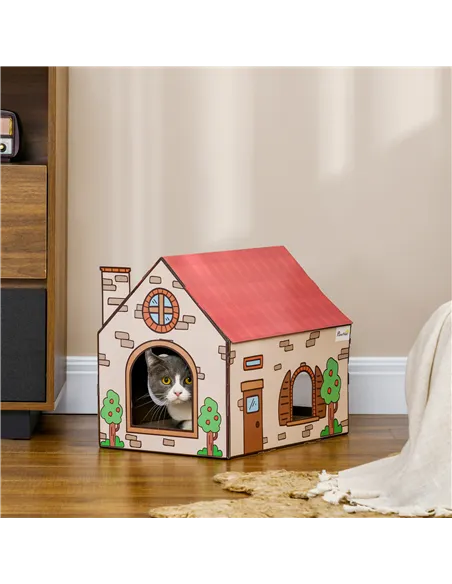 PawHut Two-In-One Cat House, Cat Scratching Board with Scratcher, Catnip, Cat Cardboard Scratcher for Indoor Cats