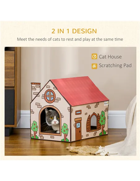 PawHut Two-In-One Cat House, Cat Scratching Board with Scratcher, Catnip, Cat Cardboard Scratcher for Indoor Cats