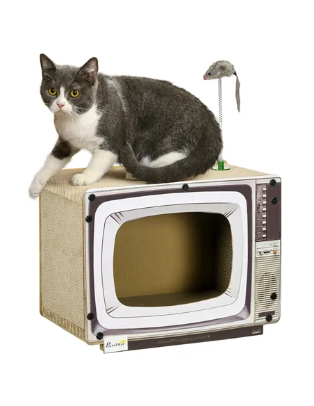 PawHut TV-Shaped Scratching Board with Scratcher, Catnip, Toy Rat, Cat Scratcher for Indoor Cats, 43 x 23 x 32.5cm