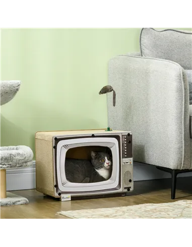 PawHut TV-Shaped Scratching Board with Scratcher, Catnip, Toy Rat, Cat Scratcher for Indoor Cats, 43 x 23 x 32.5cm