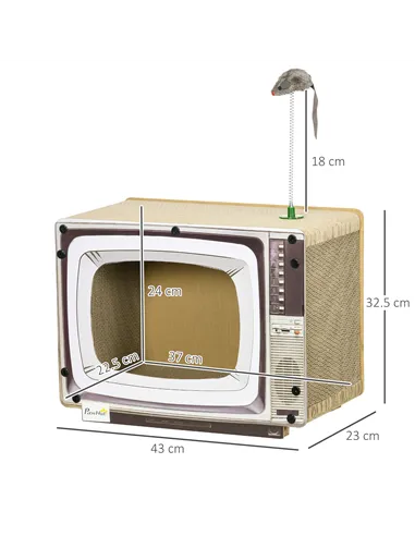 PawHut TV-Shaped Scratching Board with Scratcher, Catnip, Toy Rat, Cat Scratcher for Indoor Cats, 43 x 23 x 32.5cm