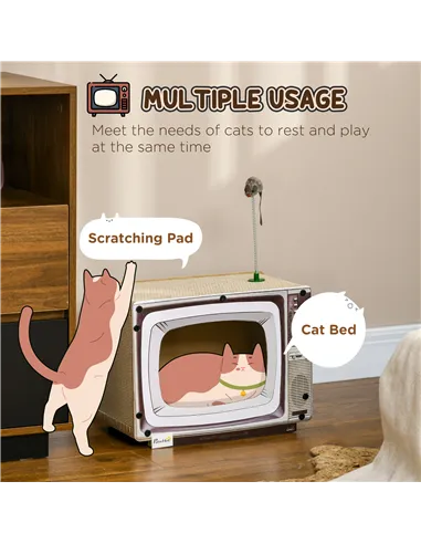 PawHut TV-Shaped Scratching Board with Scratcher, Catnip, Toy Rat, Cat Scratcher for Indoor Cats, 43 x 23 x 32.5cm