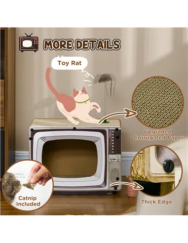 PawHut TV-Shaped Scratching Board with Scratcher, Catnip, Toy Rat, Cat Scratcher for Indoor Cats, 43 x 23 x 32.5cm