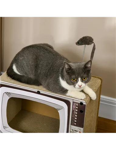 PawHut TV-Shaped Scratching Board with Scratcher, Catnip, Toy Rat, Cat Scratcher for Indoor Cats, 43 x 23 x 32.5cm