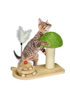 PawHut Mushroom-Shaped Cat Scratching Post, with Toy Balls, Feather for Indoor Cats, 35 x 21 x 26cm - Natural Tone